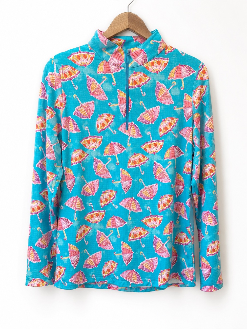 IBKUL Long Sleeve Zip Mock Neck Umbrella Print Pullover UPF 50+ Medium